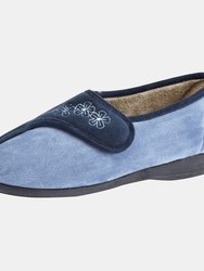 Womens/Ladies Gemma Touch Fastening Embroidered Slippers - Navy/Blue