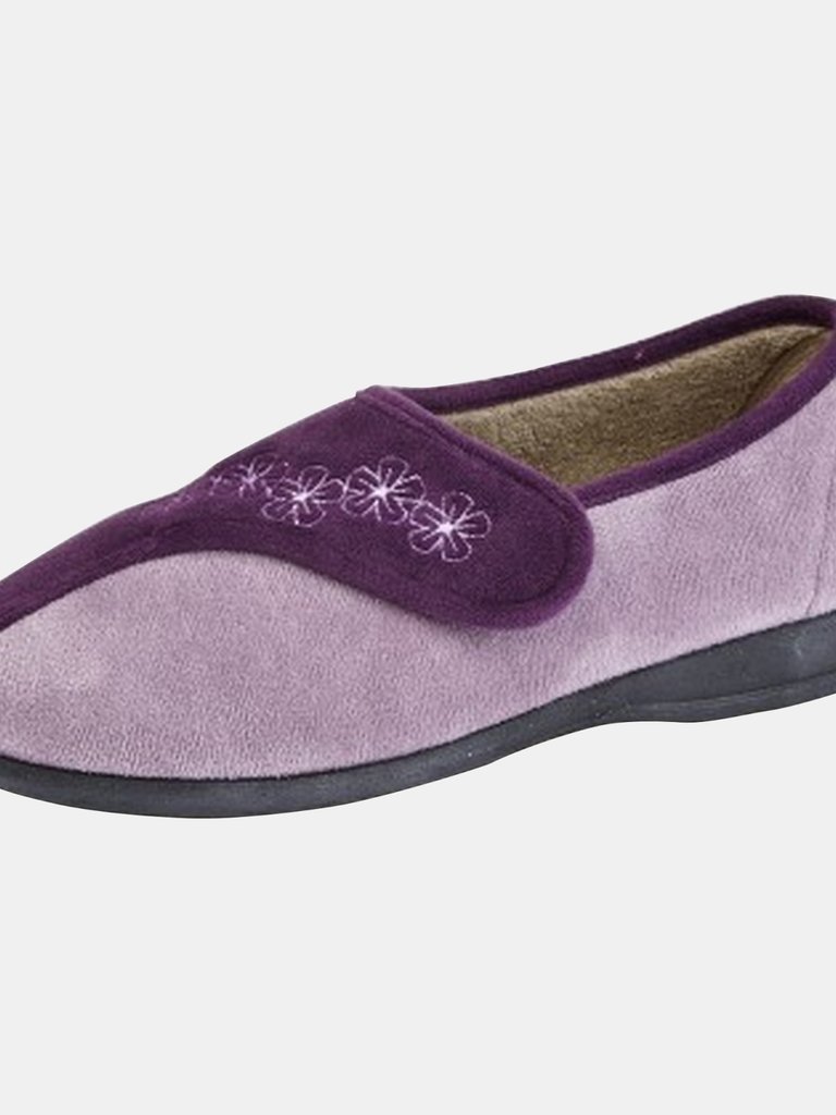 Womens/Ladies Gemma Touch Fastening Embroidered Slippers - Purple/Lilac