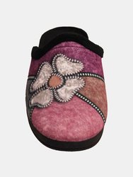 Womens/Ladies Kimberly Flower Trim Mule Slippers - Black/Purple/Blue/Silver - Black/Purple/Blue/Silver