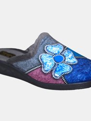 Womens/Ladies Kimberly Flower Trim Mule Slippers - Gray/Purple/Blue/Silver