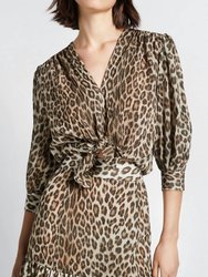 3/4 Sleeve Tie Front Blouse - Leopard