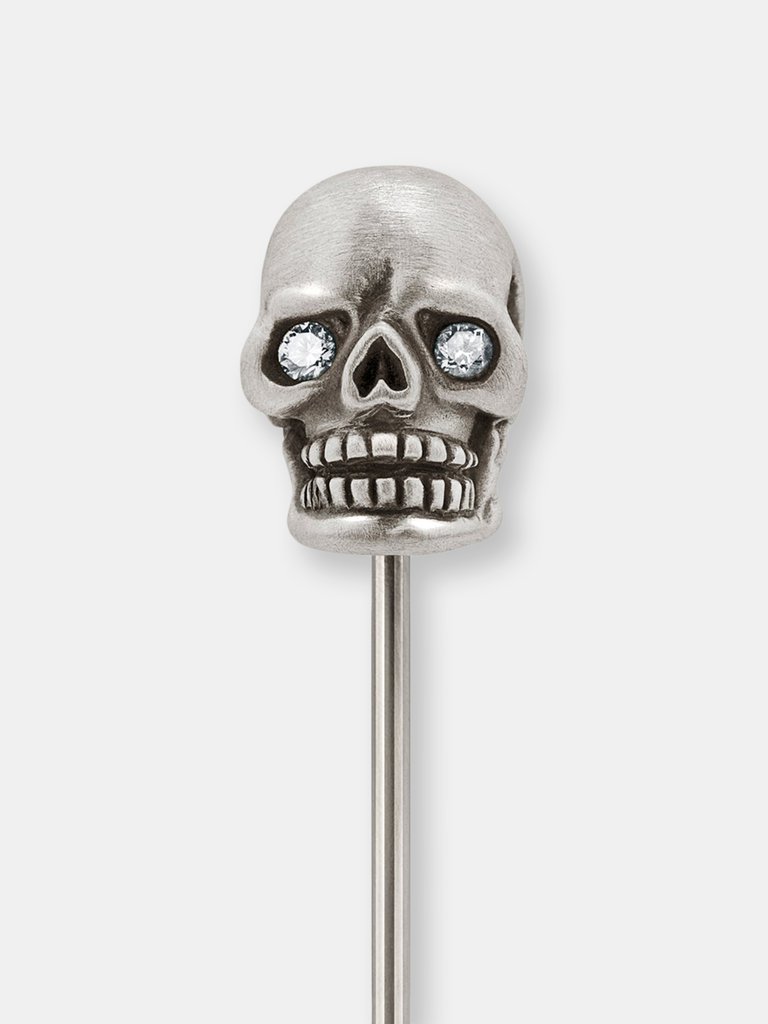 Skull Lapel Pin in Oxidized Silver with Diamond Eyes - Silver