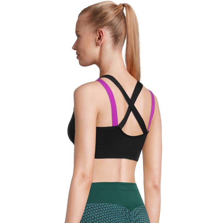 Sports Bra Padded Elastic Straps Cross Back - Black - Black