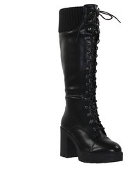 Women Lace Up Chunky Heel Knitted Cuff Combat Boots - Black PU