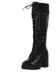 Women Lace Up Chunky Heel Knitted Cuff Combat Boots - Black PU - Black PU