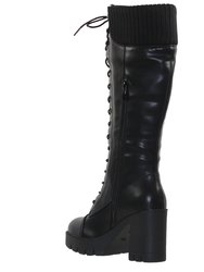 Women Lace Up Chunky Heel Knitted Cuff Combat Boots - Black PU
