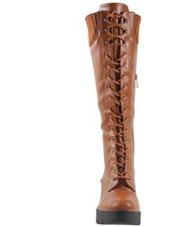 Women Lace Up Chunky Heel Knitted Cuff Combat Boots - Tan PU
