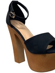 Women Platform Sandals Chunky Heel Closed Back Strap - Black Nubuck