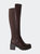 Women's Boots Knee High Chunky Heels Elastics Side Zipper Closure - Brown PU