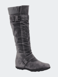 Women's Boots Ruched Knit Cuff Double Straps Buckles - Gray Suede - Gray Suede