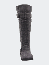 Women's Boots Ruched Knit Cuff Double Straps Buckles - Gray Suede