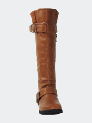 Women's Boots Ruched Knit Cuff Double Straps Buckles - Tan PU