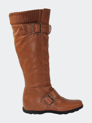 Women's Boots Ruched Knit Cuff Double Straps Buckles - Tan PU