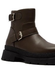 Women's Chunky Platform Double Buckle Booties - Brown PU