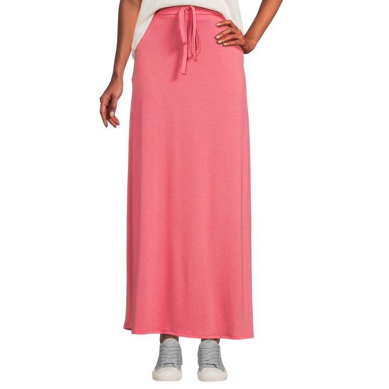 Women's Maxi Long Skirt Drawstring Waist Pockets Soft Comfort Fabric Red - Red