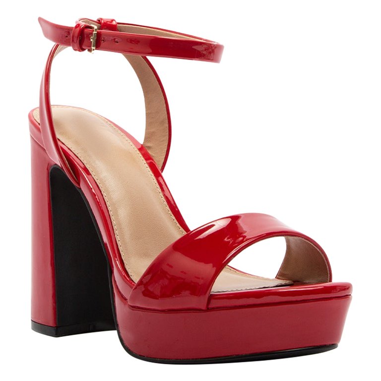 Womens Platform Sandals Open Toe Buckle Ankle Strap Chunky Block Heel Shoes - Red Patent