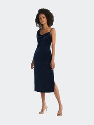 Asymmetrical One-Shoulder Velvet Midi Slip Dress - 8212 - Midnight Navy