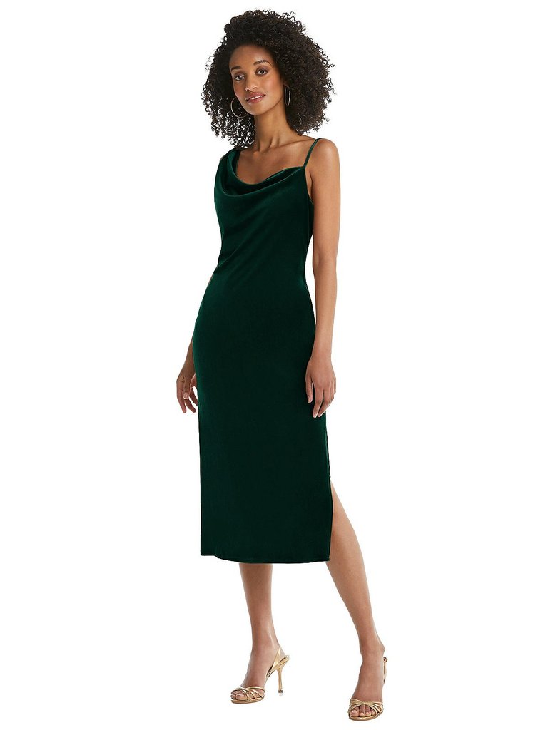 Asymmetrical One-Shoulder Velvet Midi Slip Dress - 8212 - Evergreen