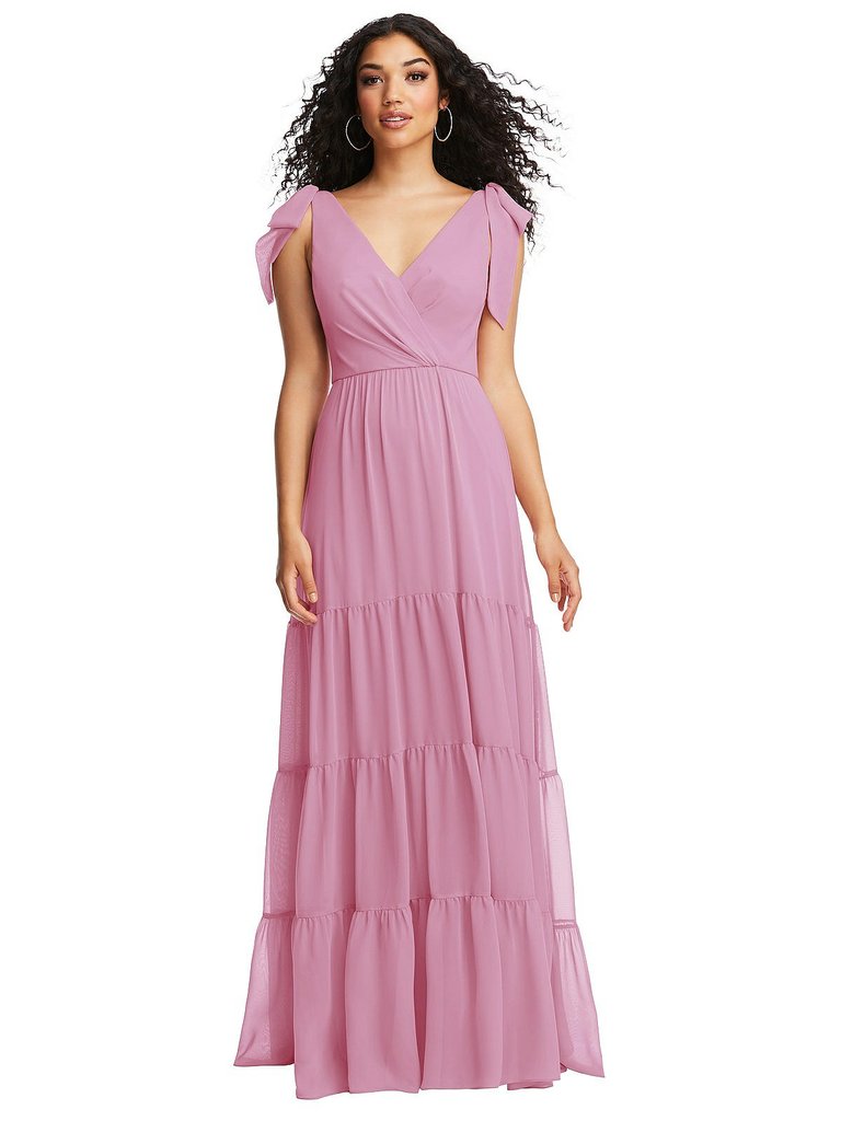 Bow-Shoulder Faux Wrap Maxi Dress With Tiered Skirt - 8233 - Powder Pink