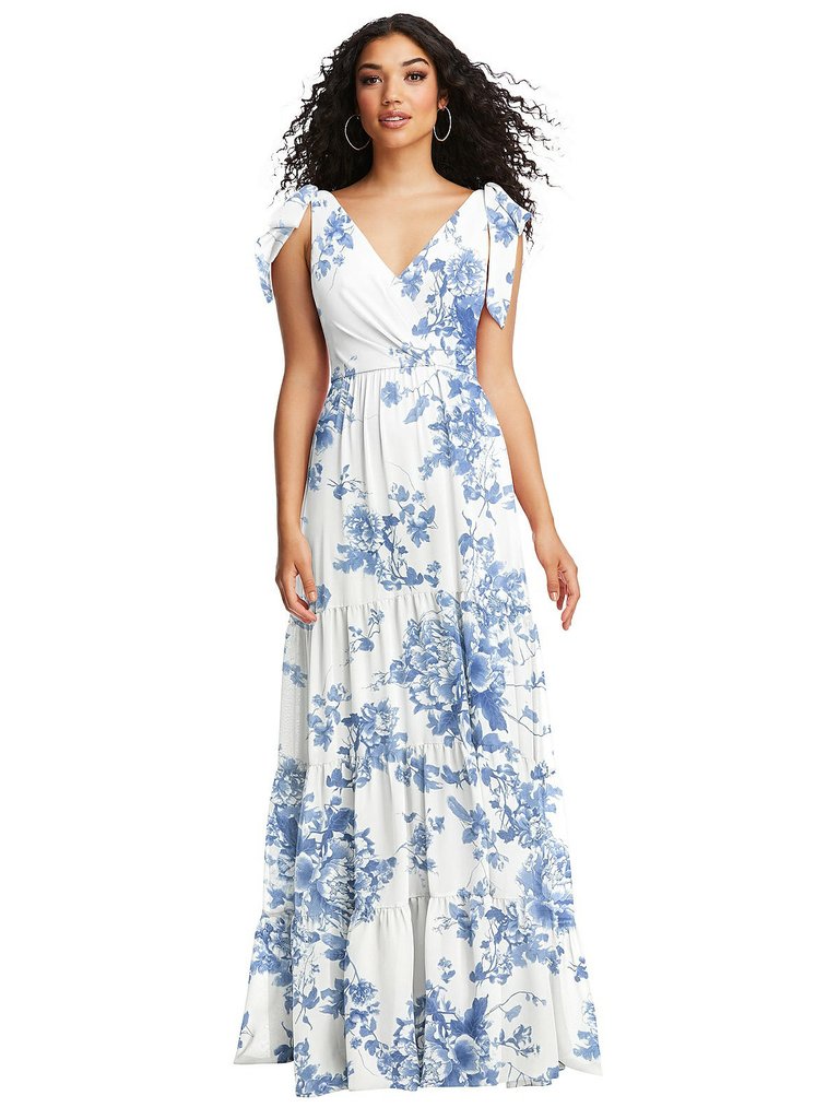 Bow-Shoulder Faux Wrap Maxi Dress With Tiered Skirt - 8233 - Cottage Rose Dusk Blue