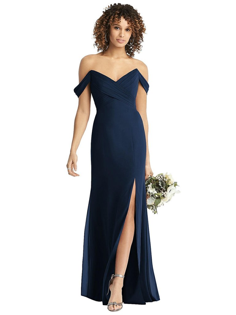 Off-the-Shoulder Criss Cross Bodice Trumpet Gown - 8193  - Midnight Navy