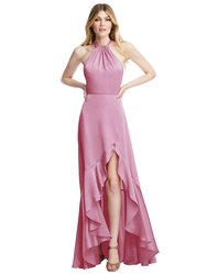 Tie-Neck Halter Maxi Dress With Asymmetric Cascade Ruffle Skirt - 8230 - Powder Pink