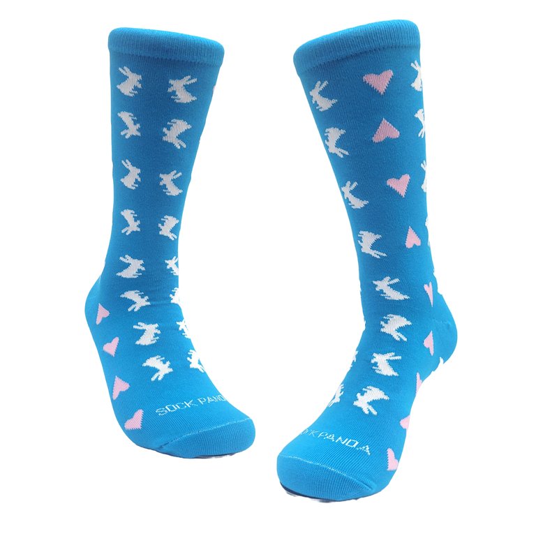 Rabbits And Hearts Patterned Socks (Adult Medium) - Blue