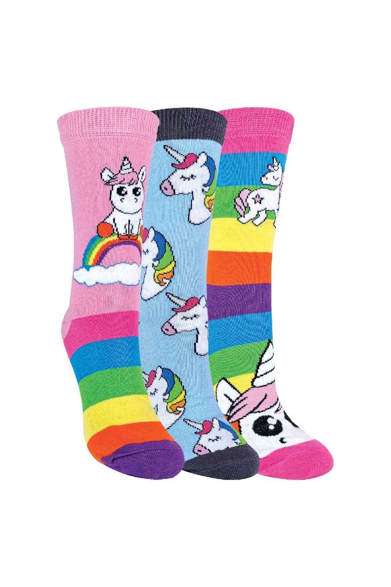 Childrens Girls 3 Pack Pink Unicorn Theme Striped Design Rainbow Pattern Socks - Rainbow