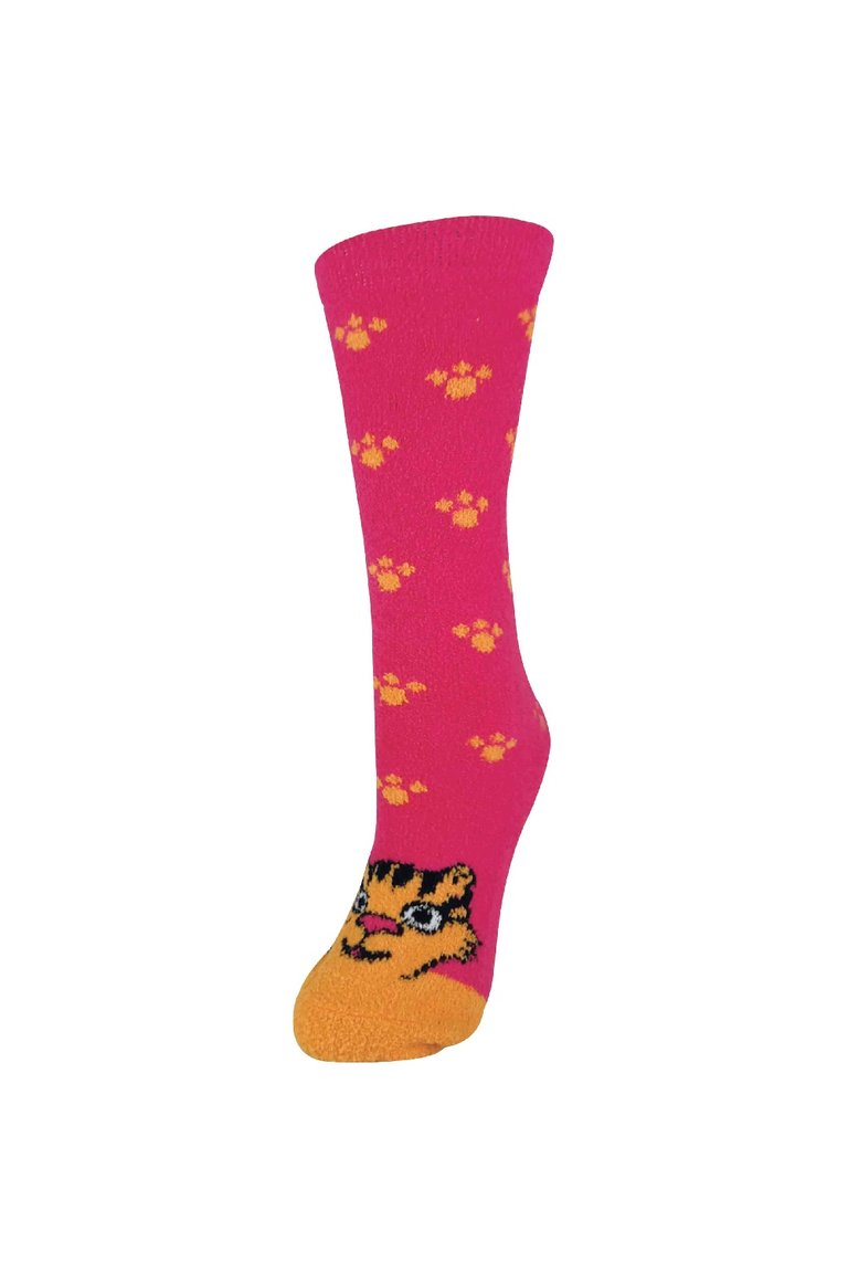Ladies / Womens Fluffy Non Slip Slipper Socks With Animal Designs - Tiger