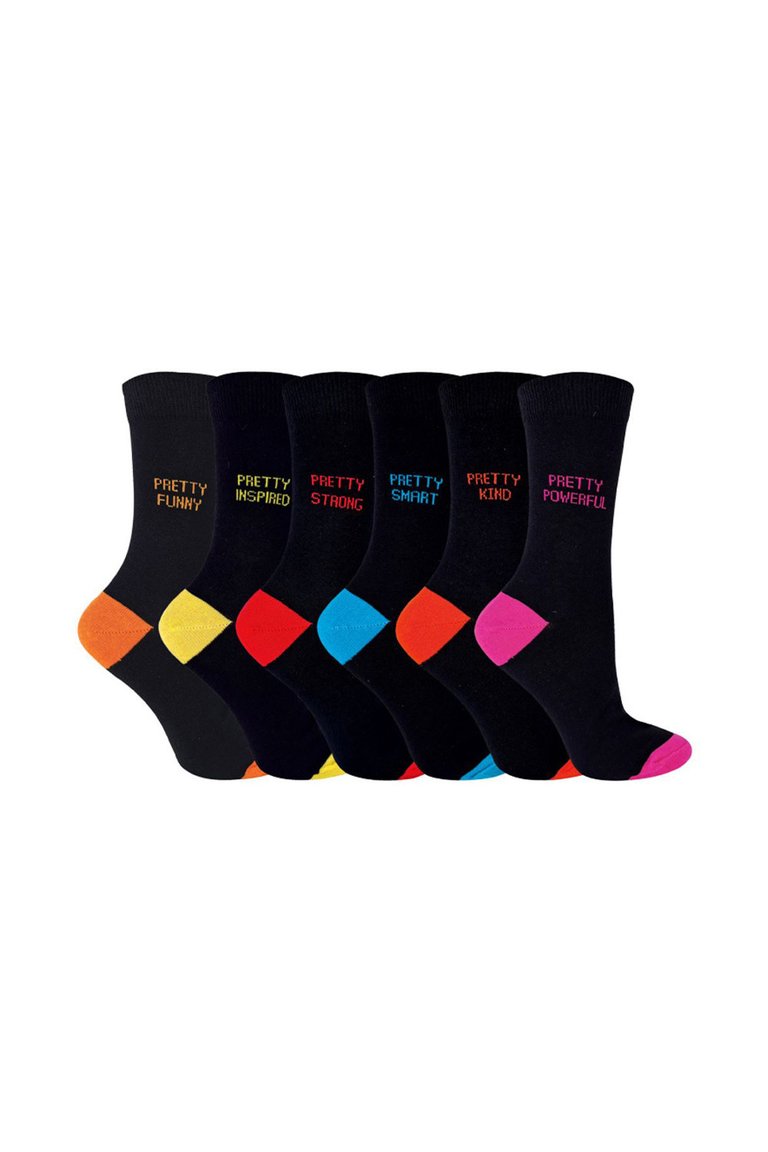 Womens 6 Pack Every Day Casual Office Home Black Pretty Design Quote Socks - Heel And Toe