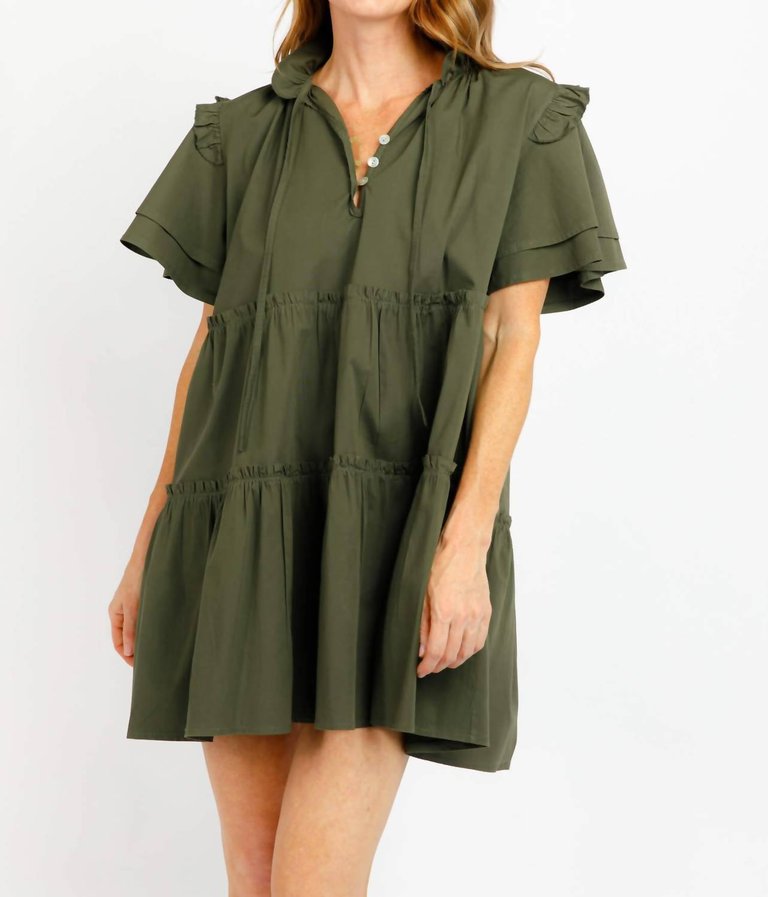 Madrid Tiered Flutter Sleeve Dress In Olive - Olive