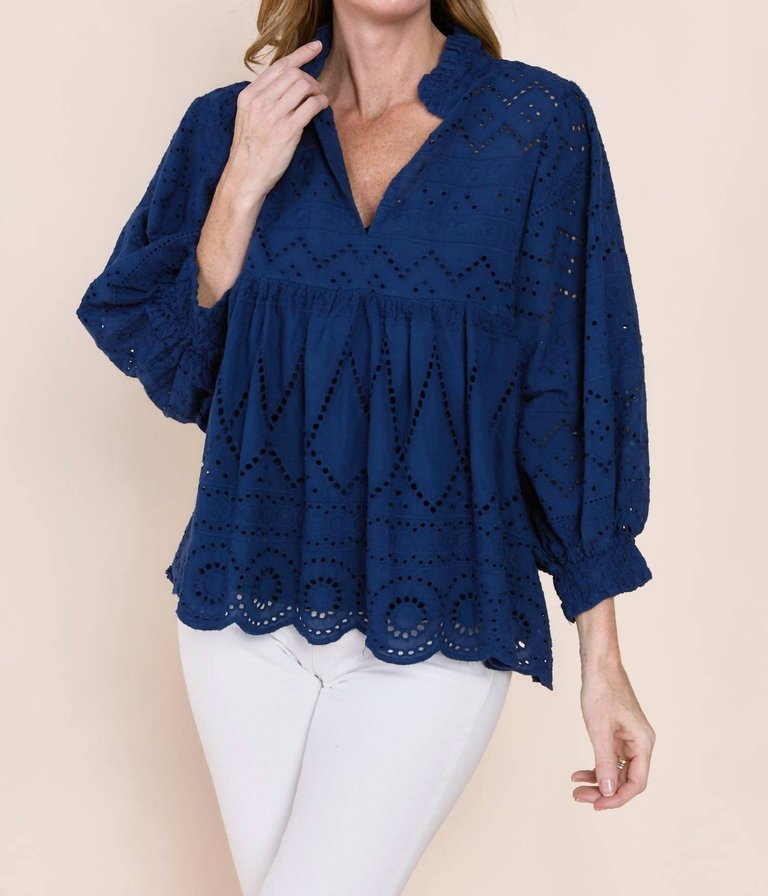 Tracy Cotton Eyelet Blouse In Navy - Navy