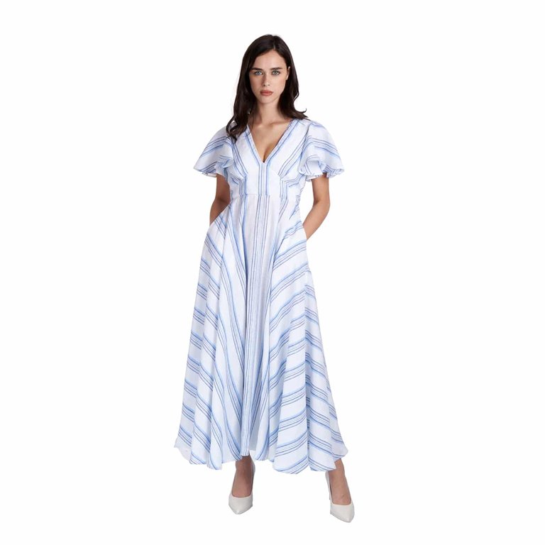 Long Linen Dress - White/Blue