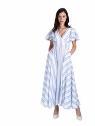 Long Linen Dress - White/Blue