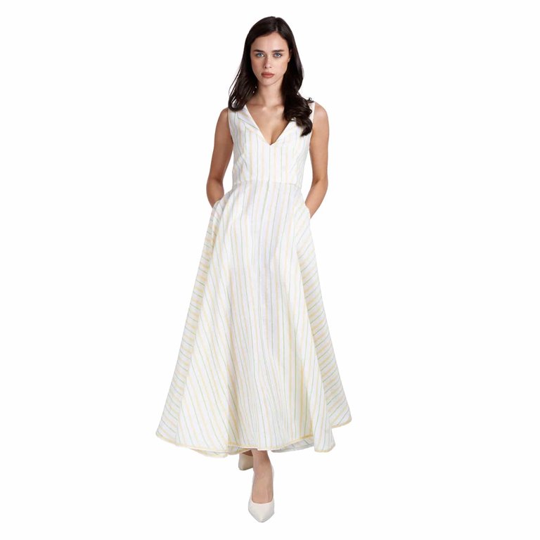 Long V-Neck Linen Dress - White