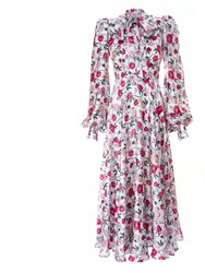Peony Print V-neck Silk Dress - Multi