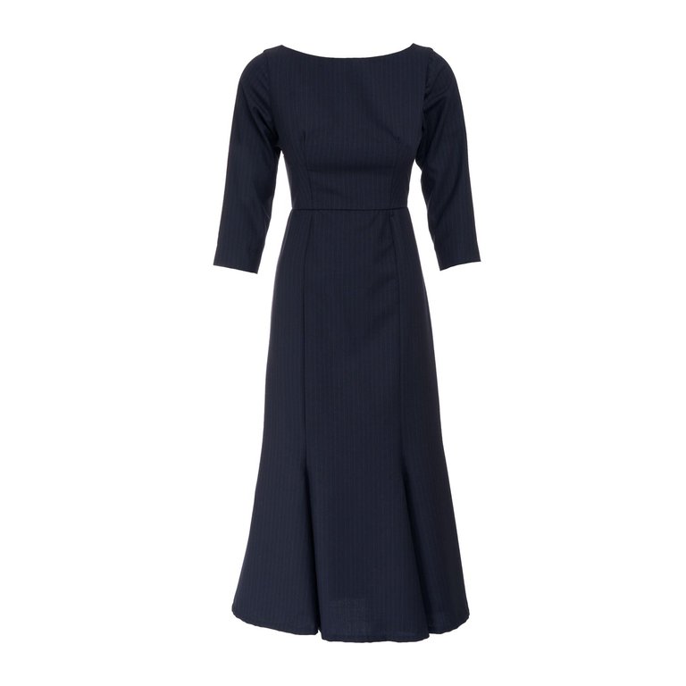 Pinstripe Wool Midi Dress - Blue