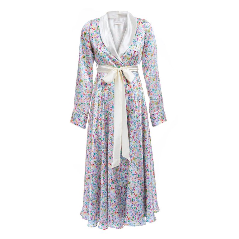 Silk Robe With Watercolor Motif - Multi