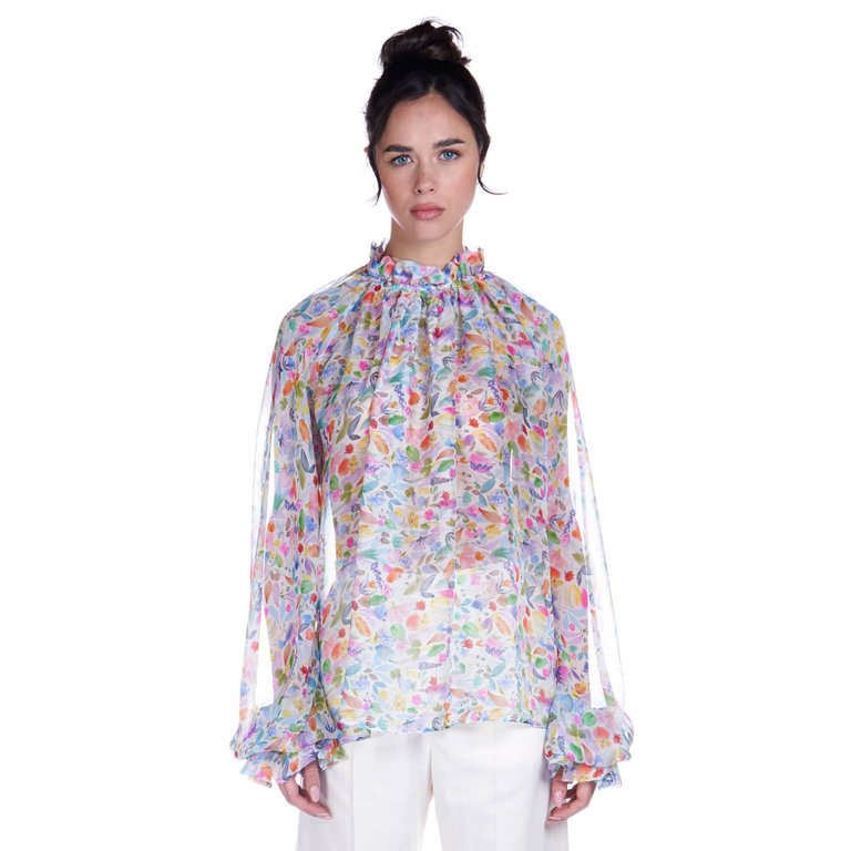 Watercolor Print Chiffon Blouse