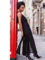 Addyson Black Long Dress with Detailed Fabric - Black