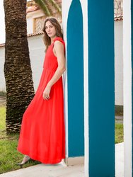 Anaya Long Red Dress With Flowers on the Shoulders 