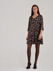 Emmalynn Black Midi Dress with Printed Brown Flowers