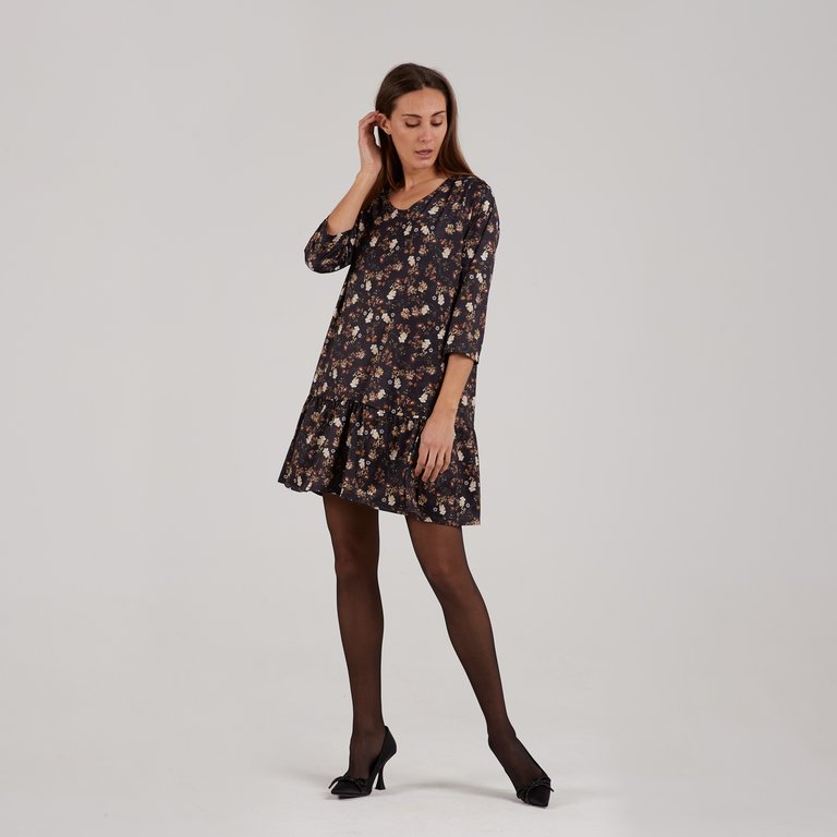 Emmalynn Black Midi Dress with Printed Brown Flowers - Black