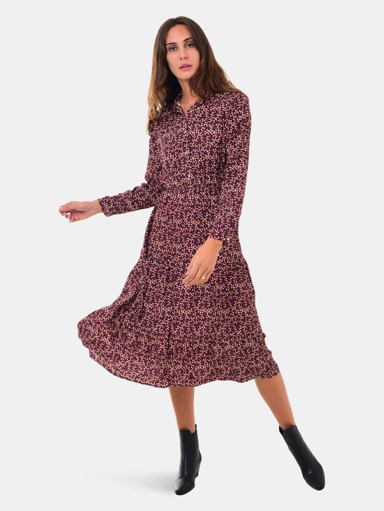 Khaleesi Red Wine Midi Dress with Printed Flowers - Red Wine