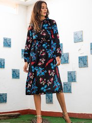 Lara Black Luxury Dress With Printed Flowers