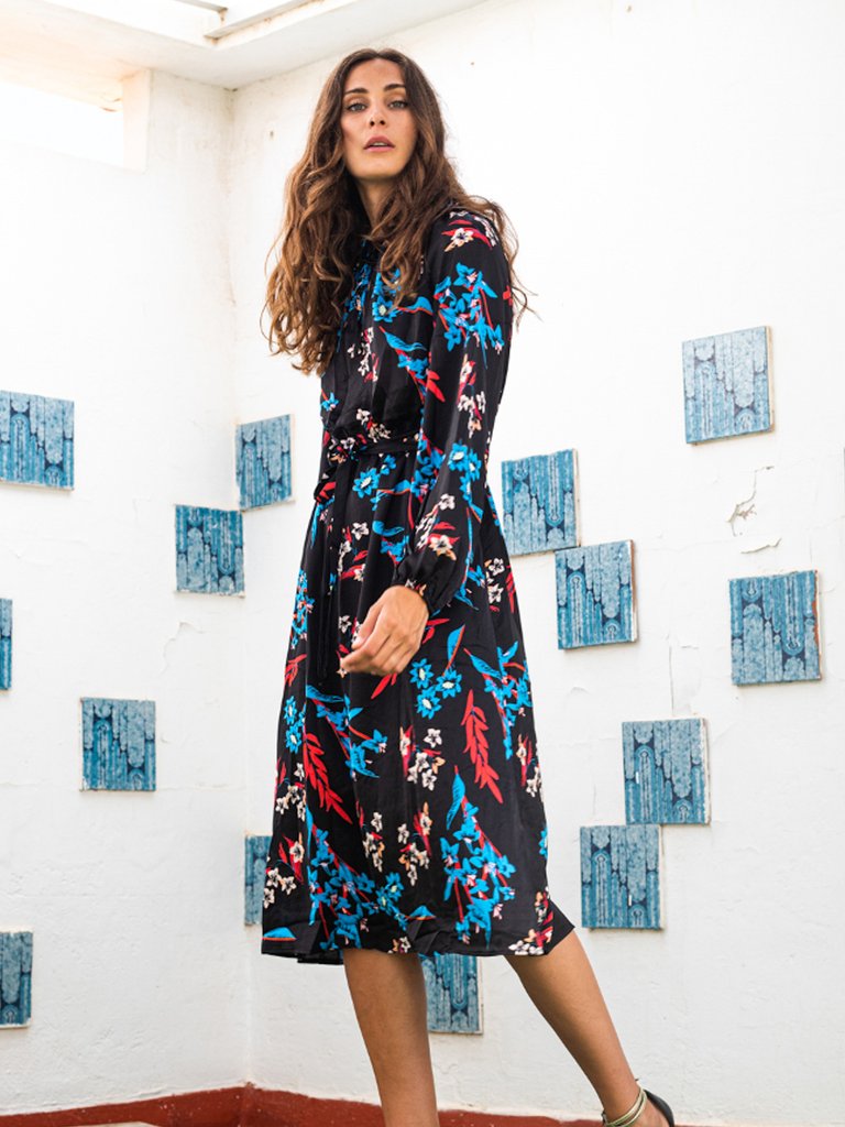 Lara Black Luxury Dress With Printed Flowers