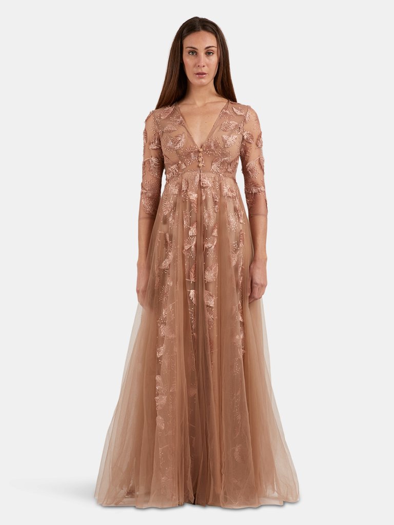 Rosalee Beige Cocktail Long Dress with Detailed Fabric - Beige