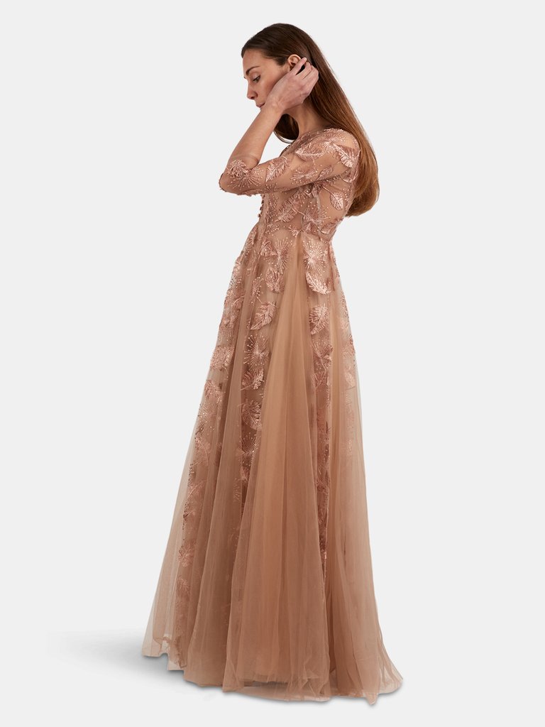 Rosalee Beige Cocktail Long Dress with Detailed Fabric