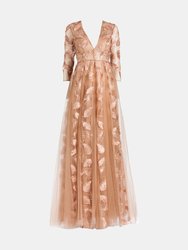 Rosalee Beige Cocktail Long Dress with Detailed Fabric