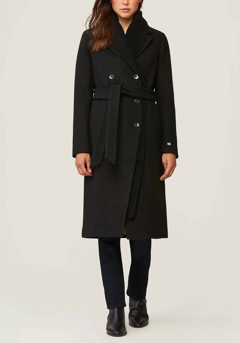 Anya Long Wool Coat With Knit Collar - Black